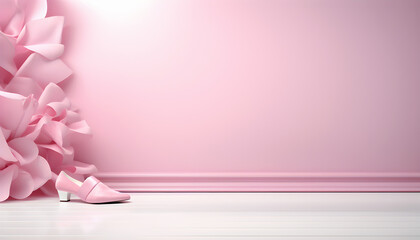 Pink coloured female shoe with heel in front of pastel pink wall.