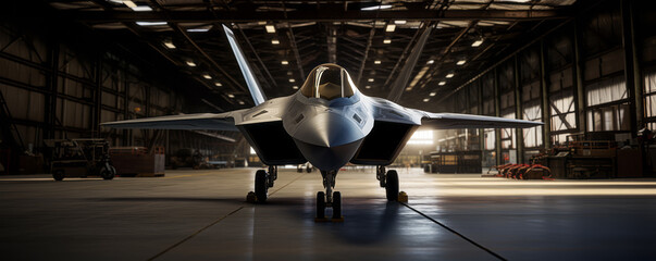 Fighter Jet parked inside a military hangar. - obrazy, fototapety, plakaty