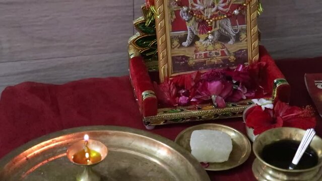 hindu goddess durga idol holy worship at home on the occasion of durga puja in india.