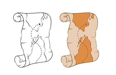 Old treasure map vector illustration. Hand drawn pirate paper scroll. 