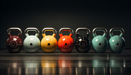 Colourful heavy kettlebells in a row in gym.