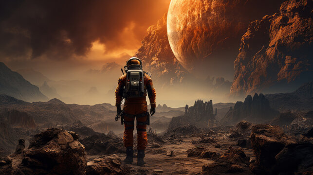Back view of astronaut wearing space suit walking on a surface of a red planet.