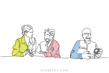 World diabetes day in November. line art of  persons using glucometer and keeping blood sugar levels in check. Needle used to take a drop of blood for diabetes testing. Medical concept.Glucometer use 
