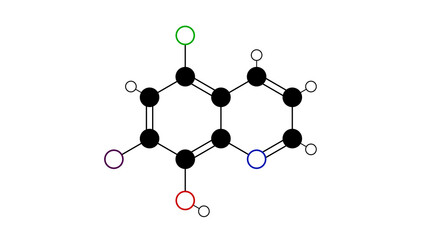 clioquinol molecule, structural chemical formula, ball-and-stick model, isolated image antifungal drug