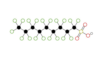 perfluorononanesulfonic acid molecule, structural chemical formula, ball-and-stick model, isolated image pfns
