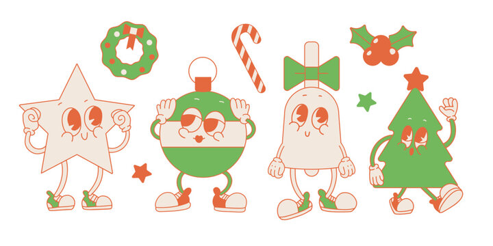 Merry Christmas retro collection of duotone 80s cartoon characters. Toy star, Bauble, Bell and xmas tree mascots. Groovy old animation style. Vintage vector illustration.