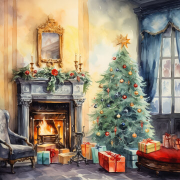 Watercolour Christmas gifts by the Christmas tree near the fireplace in the living room of the house
