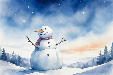Obraz premium Charming Snowman in Knit Scarf on Snow-Covered Landscape. Merry Christmas and Happy New Year. Greeting card in Watercolor style. Generative AI