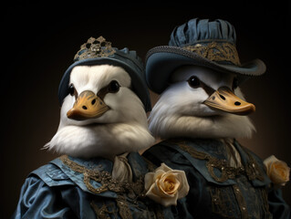 Quirky elegance as ducks don Victorian-era clothing, showcasing animals in a whole new light.