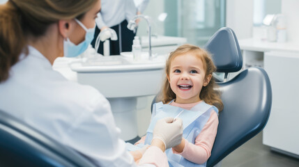 Obraz premium Little girl smiles at a dentist appointment.