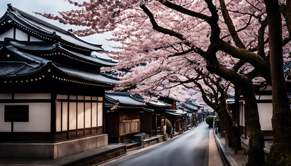 charming street in Kyoto, Japan, adorned with traditional buildings, cherry blossom trees in full bloom, creating a serene and nostalgic ambiance