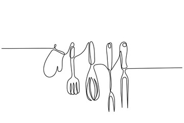line art of Kitchen utensils and cutlery set. Spoon, Knife, Spatula, forks, plates, bowls, spices jars, saucepan and frying pan vector. Pastel color soft pictures background line art - obrazy, fototapety, plakaty