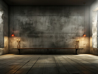 An abstract concrete room interior, dark and empty.