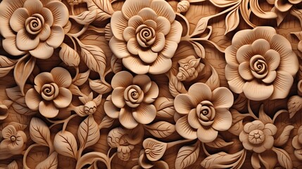 Generative AI, Carving natural wooden flowers, 3d pattern, brown and beige background