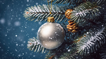 Fototapeta na wymiar Christmas and New years eve background. Close up of a beautiful ball on Christmas tree.