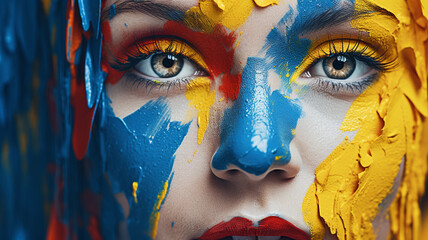 portrait of a beautiful female painted makeup with a colorful paint
