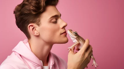 Fotobehang A Queer Valentine: Man's Tender Moment with a Magical Frog Prince © mimagephotos
