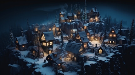 Realistic cozy small Christmas town by night isometric or birds eye view 