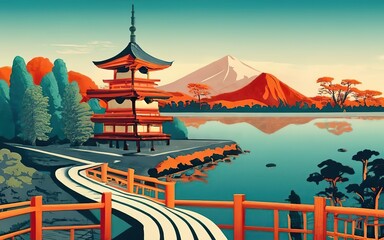 Japanese building on the Lake with mountain in the background - obrazy, fototapety, plakaty