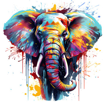colorful painting style illustration, happy baby elephant with color splash, generated ai