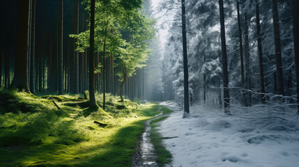 Contrasting Seasons: Path Through Time from summer to winter and change of climate concept - obrazy, fototapety, plakaty