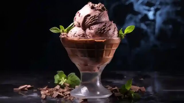 A tempting food photograph featuring delectable chocolate ice cream served on a sleek black marble background. This delectable dessert captures the essence of a summer treat that's both refreshing and