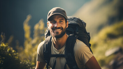 Portrait of a young mountain guide in equipment in the mountains. - obrazy, fototapety, plakaty