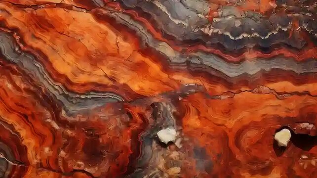 A macro photograph showcasing the intricate patterns and vibrant colors present in a segment of petrified wood, specifically from the Woodworthia species