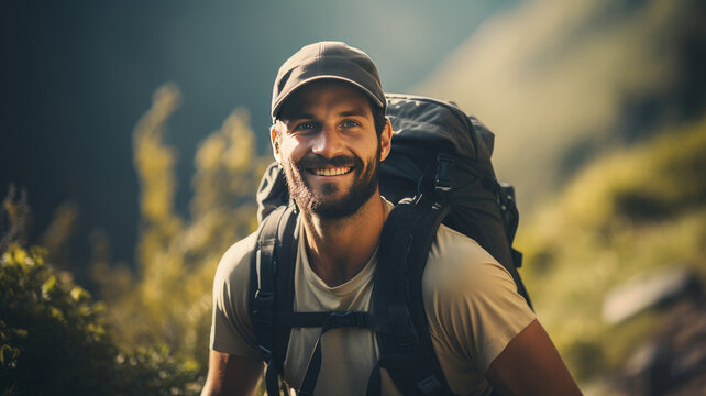 Portrait of a young mountain guide in equipment in the mountains.