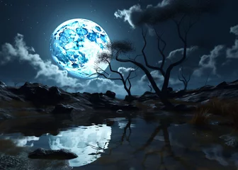 Acrylglas douchewanden met foto Volle maan en bomen mond & nacht