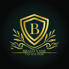 B luxury letter logo template in gold color. Elegant gold shield icon. Premium brand identity emblem. Royal coat of arms company label symbol. Modern vector Royal premium logo template vector