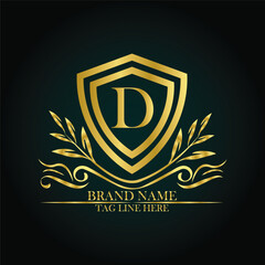 D luxury letter logo template in gold color. Elegant gold shield icon. Premium brand identity emblem. Royal coat of arms company label symbol. Modern vector Royal premium logo template vector