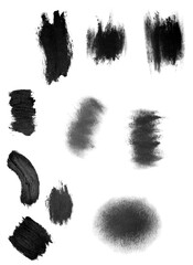 Abstract brush strokes of black paint on white surface. Different smears brush black oil paint isolated on white background. Art creative artistic creation element close up. Copy space, place text set