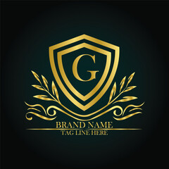 G luxury letter logo template in gold color. Elegant gold shield icon. Premium brand identity emblem. Royal coat of arms company label symbol. Modern vector Royal premium logo template vector