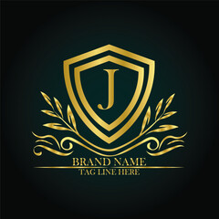 J luxury letter logo template in gold color. Elegant gold shield icon. Premium brand identity emblem. Royal coat of arms company label symbol. Modern vector Royal premium logo template vector