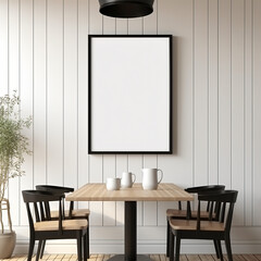   Mock up poster frame above the table, modern interior style 