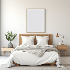 Mock up poster frame, Empty picture frame above the bed, elegant bedroom, neutral color interior design