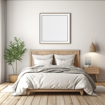 Mock up poster frame, Empty picture frame above the bed, elegant bedroom, neutral color interior design