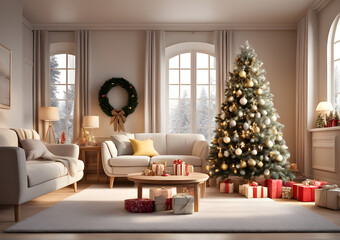 Christmas living room with a Christmas tree and Christmas decorations. Merry Christmas. Generative AI