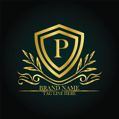 P luxury letter logo template in gold color. Elegant gold shield icon. Premium brand identity emblem. Royal coat of arms company label symbol. Modern vector Royal premium logo template vector
