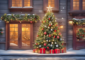 Christmas tree with Christmas tree decorations and gift boxes on the background of the facade of the house. Home decoration. Generative AI