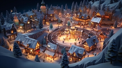 Fototapeta premium Realistic cozy small Christmas town by night isometric or birds eye view 