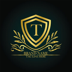 T luxury letter logo template in gold color. Elegant gold shield icon. Premium brand identity emblem. Royal coat of arms company label symbol. Modern vector Royal premium logo template vector