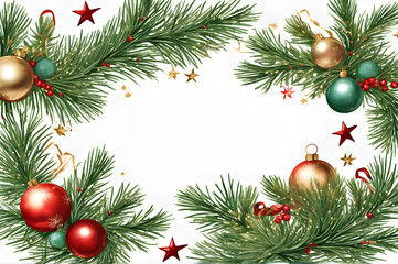 Merry Christmas illustration with place for text. Christmas tree red gold and green toys on fir branches on a white background. Generative AI