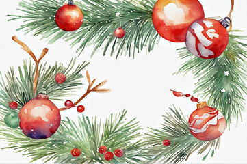 Merry Christmas watercolor illustration with place for text. Christmas red toys on fir branches on a white background. Generative AI