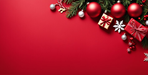 Merry Christmas red banner with Christmas tree toys and Christmas tree branches with place for text. Christmas card. Generative AI