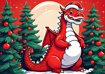 New Year card with a red dragon wearing a Santa Claus hat. Generative AI