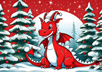 New Year card with red dragon wearing Santa Claus hat on red background with green Christmas trees. Generative AI