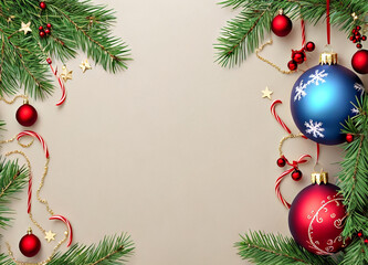 Merry Christmas holiday card with red and blue Christmas tree decorations and green Christmas tree branches on a beige background with space for text. Generative AI