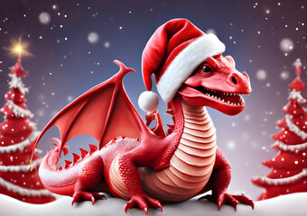 Red cartoon dragon in red Santa Claus hat on purple Christmas with Christmas trees background. Merry Christmas card with cute dragon. Generative AI